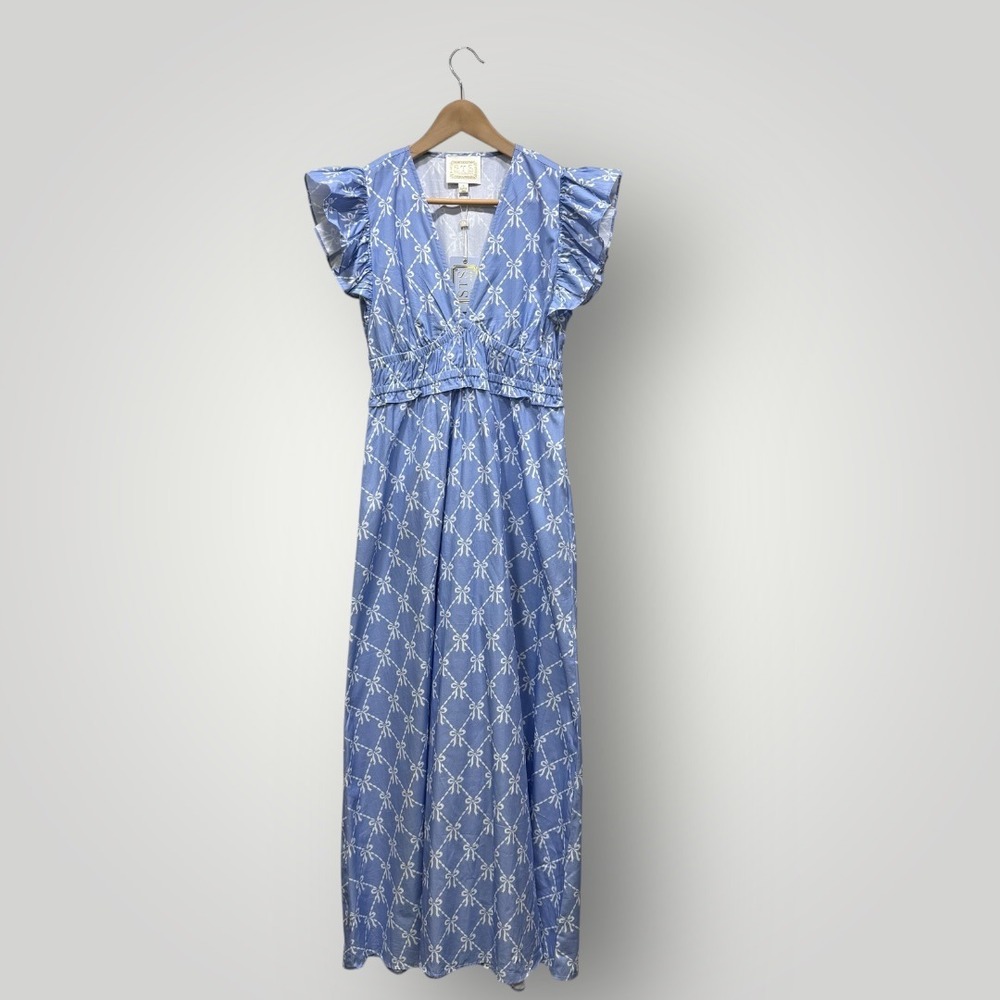 Sail to Sable Hydrangea Bow Print Flutter Sleeve V Neck Maxi Dress Blue SP25T5 S - Picture 2 of 9